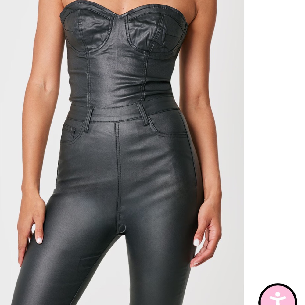PrettyLittleThing Black Faux Leather Strapless Jumpsuit